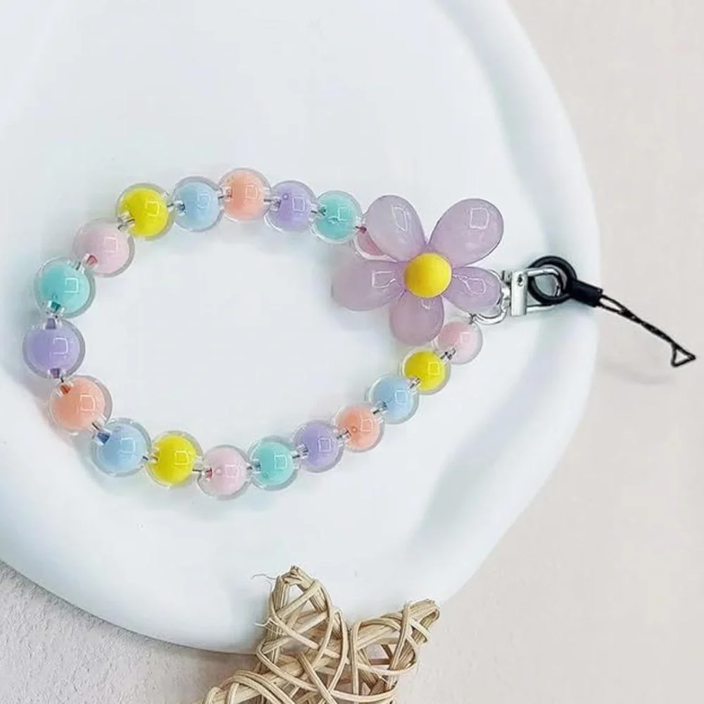 Colorful Pastel Beaded Flower Wrist Phone Lanyard Bracelet Keychain NWT